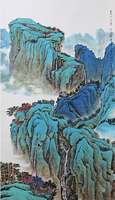 李金庆作品 青绿山水《青山古寺》  2014年  规格：138x69cm